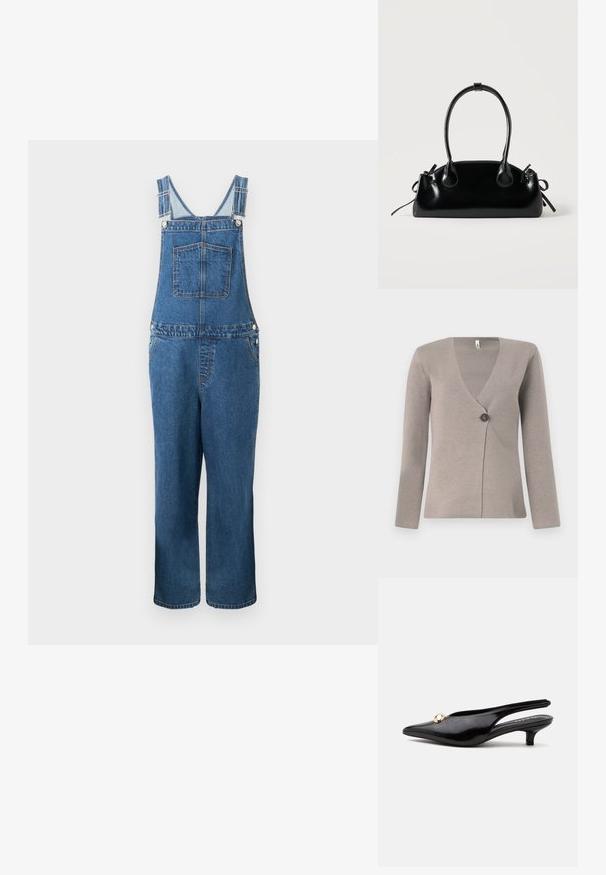 Jeanssalopette met verstelbare bandjes, een voorzak en zijzakken. De kleur is een middeldonkere blauwe tint met een licht vervaagde structuur.; Lichtgrijze cardigan met lange mouwen, V-hals en een enkele donkere knop aan de voorkant, gemaakt van een gestructureerd breiwerk.; Zwarte lakleren slingback kitten heel met een spitse neus en een klein gouden rond ornament bovenop.; Kleine zwarte glanzende handtas met twee lange hengsels en zijkant trekkoord details op een effen lichte achtergrond.