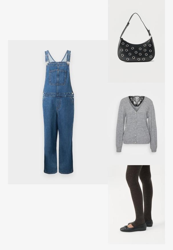 Jeanssalopette met verstelbare bandjes, een voorzak en zijzakken. De kleur is een middeldonkere blauwe tint met een licht vervaagde structuur.; Grijze cardigan gemaakt van zacht breimateriaal, met een V-hals, parelknopen en een zwarte kantdetail bij de halslijn. Inclusief lange mouwen.; Benen met donkere geribbelde leggings gecombineerd met zwarte ballerina's met kleine strikdetails op een witte achtergrond.; Zwarte leren schoudertas met verstelbare riem, voorzien van zilveren metalen oogjes en een ritssluiting bovenaan.