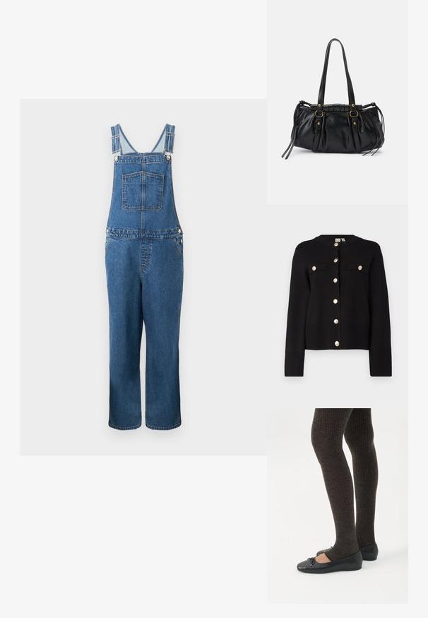 Denim overalls med justerbare stropper, en frontlomme og sidelommer. Farven er en mellemblå med en let falmet struktur.; YAS YASPIMI - Cardigan - black; Ben iført mørke ribbede leggings kombineret med sorte balletsko med små sløjfedetaljer på hvid baggrund.; Sort læderhåndtaske med rund form, dobbelte hanke, dekorative hardware-detaljer og snøre på siden. Glat, blank overflade.