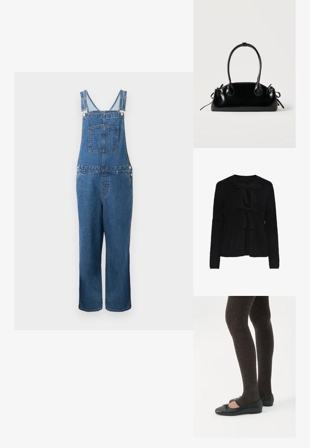 Denim overalls med justerbare stropper, en frontlomme og sidelommer. Farven er en mellemblå med en let falmet struktur.; Sort strikket cardigan med rund halsudskæring, prydet med to frontsnøringer og et struktureret mønster. Lange ærmer og cropped længde.; Ben iført mørke ribbede leggings kombineret med sorte balletsko med små sløjfedetaljer på hvid baggrund.; Lille sort blank håndtaske med to lange håndtag og snøre-detaljer i siden på en ensfarvet lys baggrund.