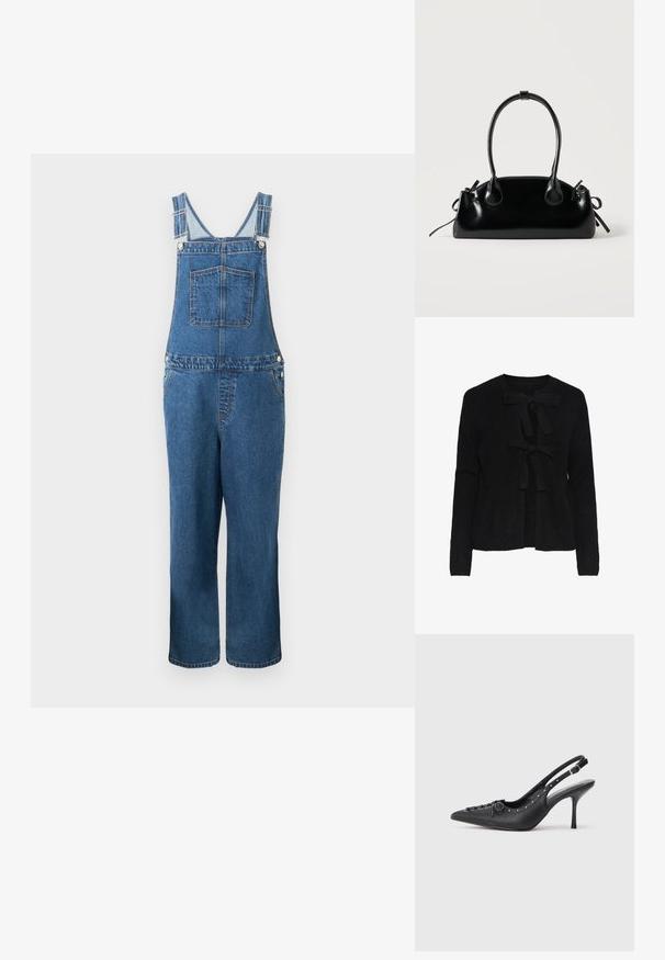 Jeanssalopette met verstelbare bandjes, een voorzak en zijzakken. De kleur is een middeldonkere blauwe tint met een licht vervaagde structuur.; Zwarte gebreide cardigan met een ronde hals, voorzien van twee voorknoopjes en een gestructureerd patroon. Lange mouwen en een cropped lengte.; Zwarte leren slingback stiletto met spitse neus, zijgesp met gesp, studs langs de rand en decoratieve veters aan de voorkant.; Kleine zwarte glanzende handtas met twee lange hengsels en zijkant trekkoord details op een effen lichte achtergrond.
