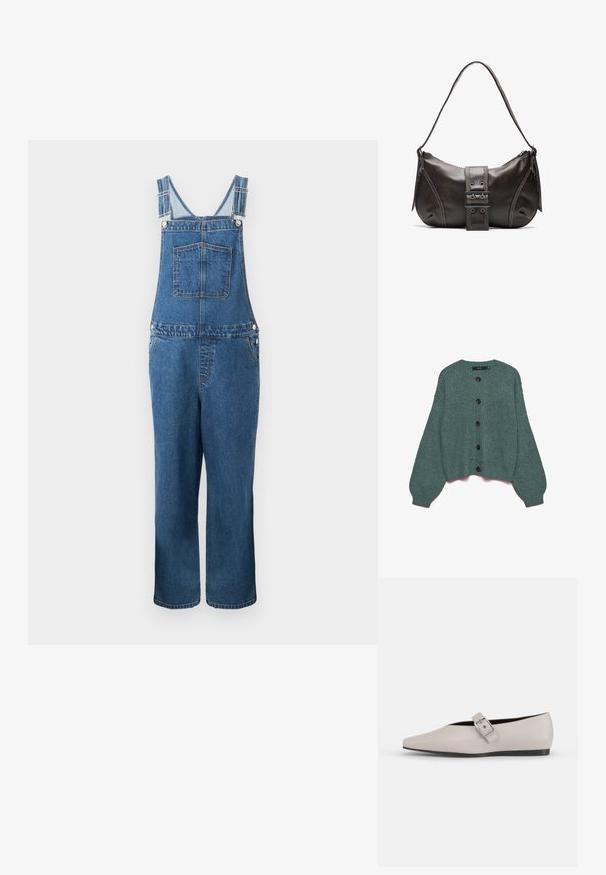 Denim overalls med justerbare stropper, en frontlomme og sidelommer. Farven er en mellemblå med en let falmet struktur.; Trøje i knækket blågrøn strik med rund halsudskæring, ribstrikkede manchetter og oversizeærmer. Har seks store brune knapper foran.; Beige læder flad sko med spidse tæer, en sidelukning som accent og en lav sort sål. Glat tekstur og minimalistisk design.; Brun læder skuldertaske med en buet form, der har et fremtrædende spænde, kontrasterende syninger og en enkelt skulderrem.