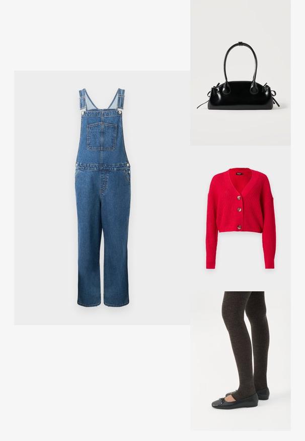 Salopette en denim avec des bretelles réglables, une poche frontale et des poches latérales. La couleur est un bleu moyen avec une texture légèrement décolorée.; Cardigan rouge raccourci en maille côtelée, avec un col en V profond, des manches longues, et trois gros boutons marron sur le devant.; Jambes portant des leggings côtelés foncés associés à des ballerines noires avec de petits détails en nœud sur fond blanc.; Petit sac à main noir brillant avec deux longues anses et des détails à cordon sur les côtés sur un fond clair uni.