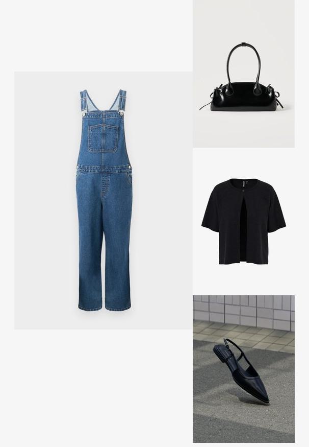 Jeanssalopette met verstelbare bandjes, een voorzak en zijzakken. De kleur is een middeldonkere blauwe tint met een licht vervaagde structuur.; Zwarte cardigan met korte mouwen, open voorkant en een knoopsluiting. Gemaakt van gestructureerd materiaal met een losse pasvorm. Eenvoudig, minimalistisch ontwerp.; Zwarte platte schoen met puntige neus en slingback, zwevend boven een asfaltoppervlak naast een betegeld trottoir.; Kleine zwarte glanzende handtas met twee lange hengsels en zijkant trekkoord details op een effen lichte achtergrond.