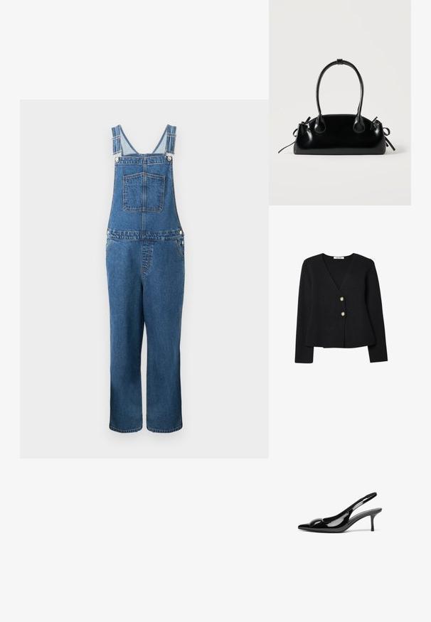 Denim overalls med justerbare stropper, en frontlomme og sidelommer. Farven er en mellemblå med en let falmet struktur.; Sort strikket cardigan med v-udskæring, fremhævet af to guldknapper og en let udvidet kant. Blød struktur og lange ærmer.; Sorte laklæder slingback hæle med spidse tæer og en blank finish. Har en slank hæl og en rund detalje ved vampen.; Lille sort blank håndtaske med to lange håndtag og snøre-detaljer i siden på en ensfarvet lys baggrund.
