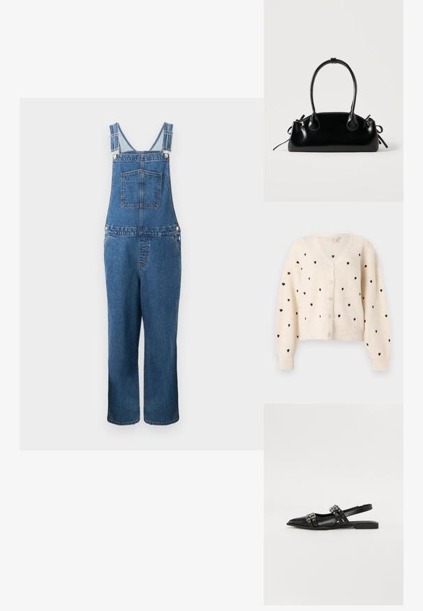 Jeanssalopette met verstelbare bandjes, een voorzak en zijzakken. De kleur is een middeldonkere blauwe tint met een licht vervaagde structuur.; Crème v-hals cardigan met een geribbelde textuur, zwarte hartpatronen en drie knopen aan de voorkant. Lange, iets gepofte mouwen.; Even&Odd by Zalando Slingback ballerina´s - black; Kleine zwarte glanzende handtas met twee lange hengsels en zijkant trekkoord details op een effen lichte achtergrond.