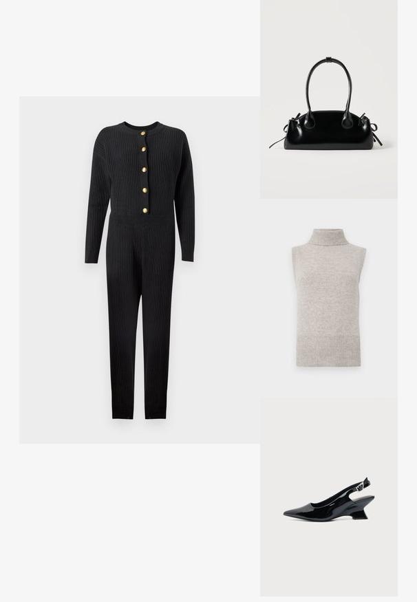 Zwart geribd jumpsuit met lange mouwen, voorzien van een ronde hals en gouden knopen aan de voorkant. Soepele textuur en een aansluitend ontwerp.; Mouwloze beige gebreide turtleneck sweater vest met geribde kraag, armsgaten en zoom op een witte achtergrond.; Zwarte lakleren slingback schoen met spitse neus en lage schuine blokhak op een effen lichte achtergrond.; Kleine zwarte glanzende handtas met twee lange hengsels en zijkant trekkoord details op een effen lichte achtergrond.