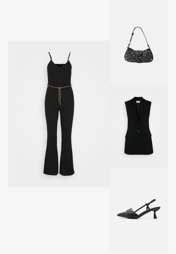 Even&Odd Jumpsuit - black; Zwarte mouwloze vest met een op maat gemaakt ontwerp, voorzien van een enkele knoopsluiting, gestructureerde revers en zijzakken.; Simmi London DALA - Klassieke pumps - black; Zwarte handtas met een gekruist textuur, voorzien van zilveren hardware, een gebogen vorm en een enkele verstelbare hengsel. Ritssluiting aan de bovenkant.