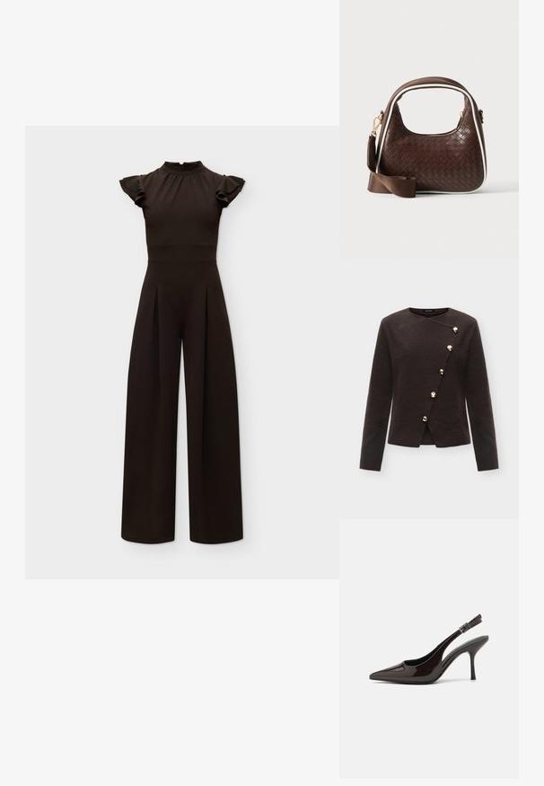 Schwarzer Jumpsuit mit hohem Kragen und kurzen, gerafften Ärmeln, tailliertem Bund und weitem Bein vor schlicht hellem Hintergrund.; Dunkelbraune Jacke mit langen Ärmeln, asymmetrischem Vorderteil und sechs goldenen runden Knöpfen in diagonaler Linie.; Slingback-Pumps aus glänzendem dunklen braunen Lackleder, mit spitzer Zehenpartie, offenen Seiten und verstellbarem Knöchelriemen.; Braune gewebte Lederhandtasche mit weißer Paspel, goldenem Reißverschluss und abnehmbarem braunem Stoff-Schulterriemen.