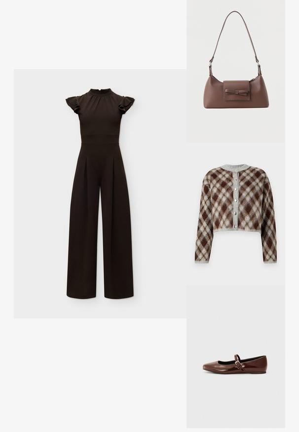 Schwarzer Jumpsuit mit hohem Kragen und kurzen, gerafften Ärmeln, tailliertem Bund und weitem Bein vor schlicht hellem Hintergrund.; Kurzes Cardigan in einem braun-grauen-beigen Rautenmuster. Mit einem Rundhalsausschnitt und fünf silberfarbenen Knöpfen auf der Vorderseite.; Braune Lackleder-Ballerinas mit quadratischer Zehenform und Riemen mit einer kleinen goldenen Schnalle. Glatte Textur, niedriger Absatz und minimalistisches Design.; Braune Leder-Umhängetasche mit einer vorderen Klappentasche, die ein gestepptes Schleifendetail und einen verstellbaren Riemen aufweist.