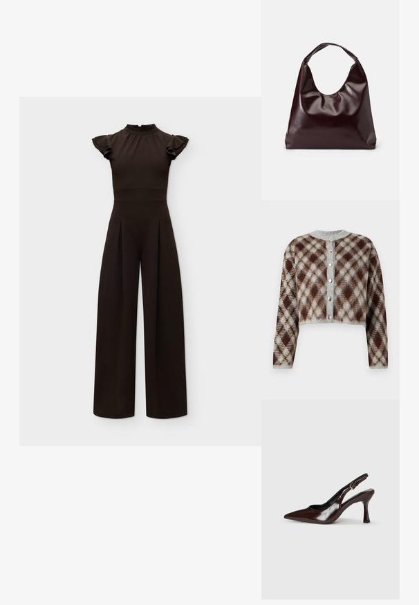 Zwarte jumpsuit met hoge hals en korte gerafelde mouwen, nauwsluitende taille en wijde broekspijpen tegen een effen lichte achtergrond.; Korte cardigan in een bruine, grijze en beige ruitpatroon. Voorzien van een ronde hals en vijf zilverkleurige knopen aan de voorkant.; Bruine gepatineerde leren slingback pumps met een spitse neus, een dunne hak en een verstelbaar bandje met een kleine gesp.; Bordeaux, glanzende vegan leren totebag met een zachte, sculpturale vorm en een brede, gebogen handgreep voor makkelijk dragen.