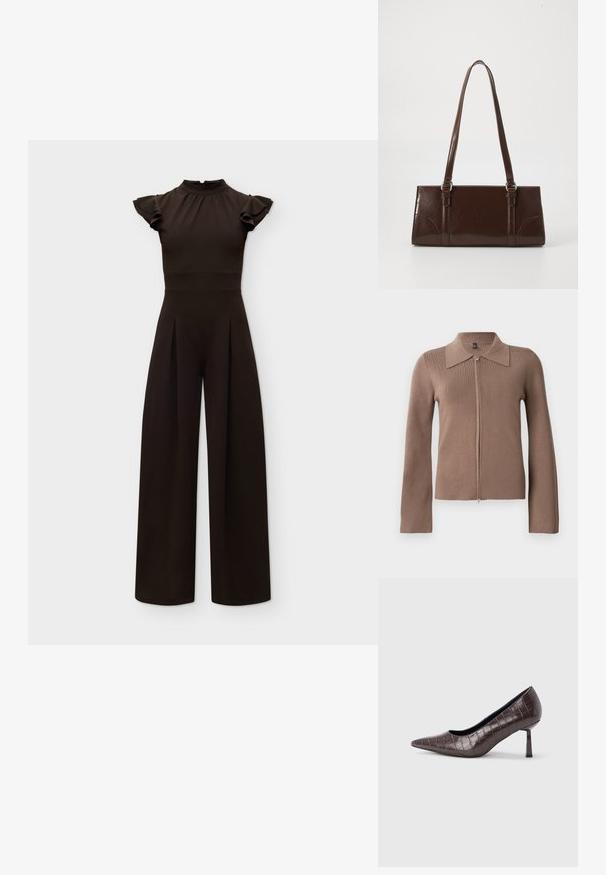 Zwarte jumpsuit met hoge hals en korte gerafelde mouwen, nauwsluitende taille en wijde broekspijpen tegen een effen lichte achtergrond.; Bruine ritscardigan met een kraag, lange mouwen, ribbeltextuur en een getailleerde pasvorm. Minimalistisch ontwerp, geen zichtbare branding of patronen.; Bruine nepleren pumps met een puntige neus en krokodillenstructuur, voorzien van een slanke, hoekige hak en een gladde binnenvoering.; Bruine lakleren handtas met een rechthoekige vorm, twee lange handvatten en subtiele gebogen accenten aan de voorkant.