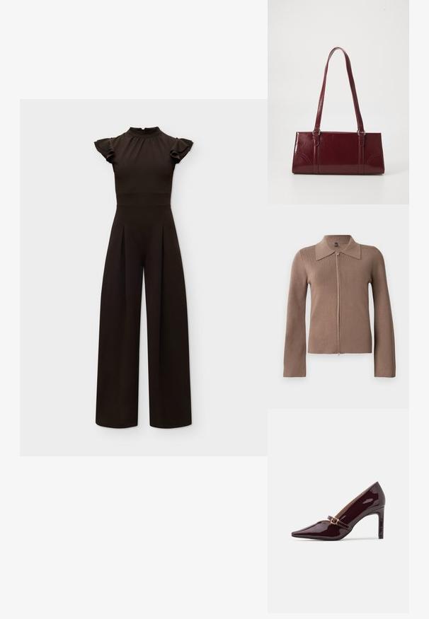 Combinaison noire à col montant avec manches courtes à volants, taille cintrée et pantalons à jambes larges sur fond clair uni.; Cardigan zippé brun avec un col, des manches longues, une texture côtelée et une silhouette ajustée. Design minimaliste, sans logo ni motifs visibles.; Chaussure à talon aiguille bordeaux en patent avec un embout pointu, une bride de cheville comportant des accents en métal doré, et une finition lisse et brillante. Talon stiletto surélevé.; Sac à main bordeaux en matériau brillant, de forme rectangulaire, avec deux anses et des accents légèrement courbés à l'avant.