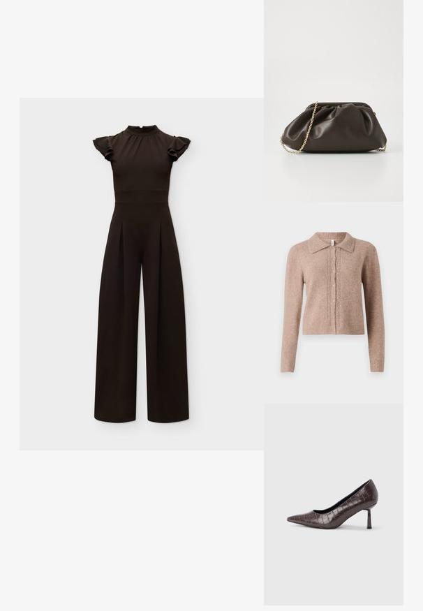 Sort jumpsuit med høj hals og korte, flæseærmer, figursyet talje og bukser med vide ben mod en ensfarvet lys baggrund.; Beige strikket cardigan med krave, prydet med dekorative knapper og diskrete udsmykninger ned foran. Blød tekstur, ribbet kant.; Brune kunstlæder stiletter med spidse tæer og krokodilletekstur, der har en slank, vinklet hæl og en glat inderside.; Brun læderhandtaske med en sammensnøring, guld kædestrop og blød, struktureret overflade. Kompakt form velegnet til aftensbrug.
