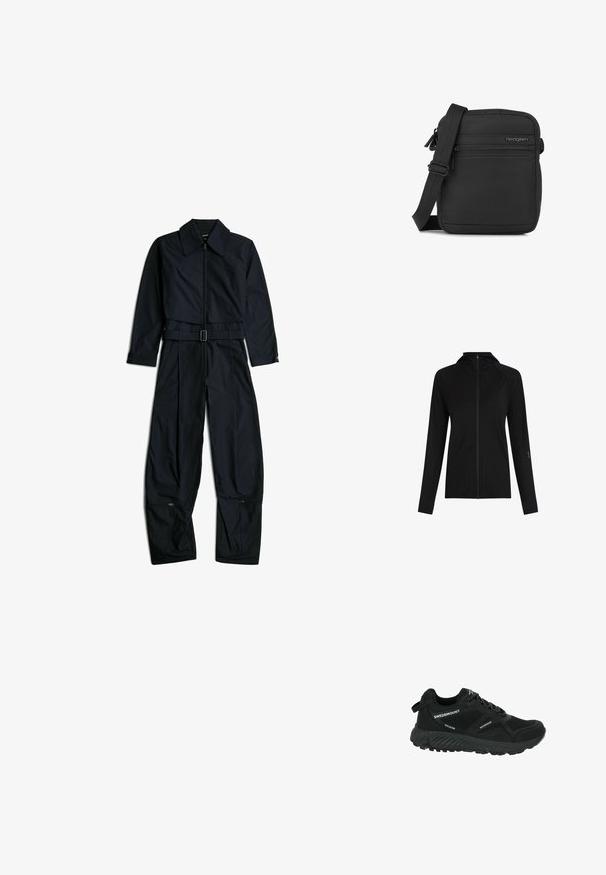 Zwarte jumpsuit met lange mouwen en kraag, ritssluiting aan de voorkant, verstelbare riem in de taille en ritsen nabij de onderkant van brede pijpen op een witte achtergrond.; Zwarte volledig ritssluiting jas met capuchon, lange mouwen, duimgaten en subtiele naden aan de voorkant en mouwen.; Zwarte waterdichte wandelschoen met gaaspanelen, textuurzool, ronde neus en reflecterende veters. Voorzien van een logo en een trekband op de hiel.; Compact zwart crossbodytasje met verstelbare band, voorvak met ritssluiting en Hedgren-logo op een gladde stofoppervlakte.