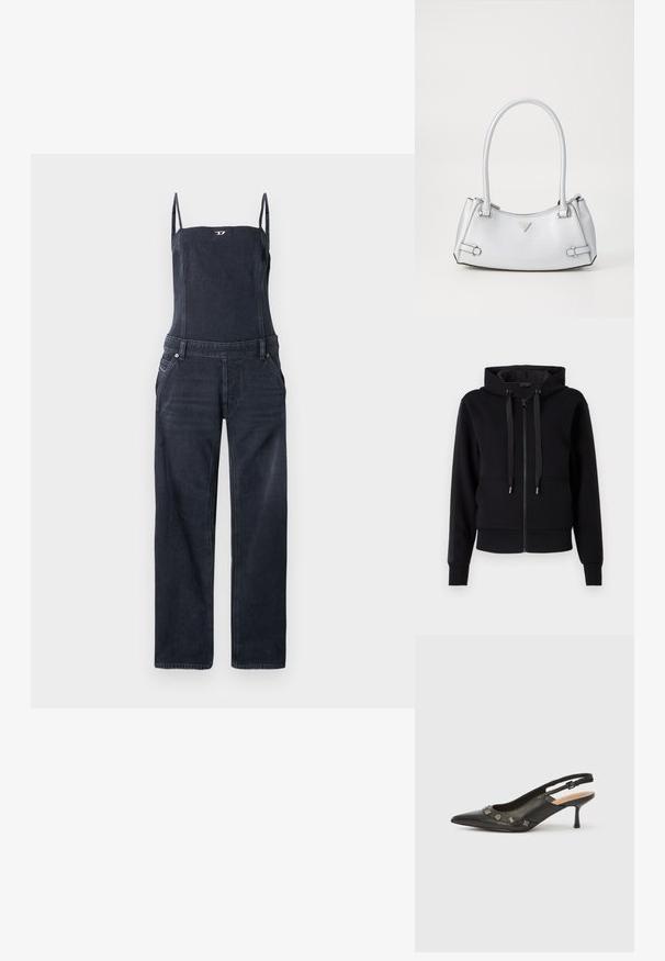 Mørk denim jumpsuit med slanke stropper, tætsiddende krop og vide bukser. Har diskrete stikninger og to forlommer.; Sort zip-up hoodie lavet af blødt stof, med hætte, snore og ribbet manchetter. Glat tekstur med sidelommer.; Sort slingback-pumpe i læder med spids tå, lille hæl og dekorative metalakcenter langs frontåbningen. Glat tekstur.; Sølv håndtaske med et struktureret design, der har to håndtag, en skinnende overflade, accenthardware og et trekantet logo på fronten.