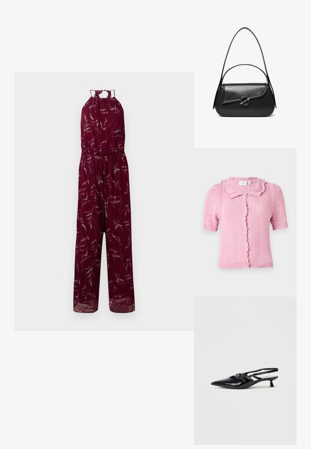 Bordeaux jumpsuit med halterneck, elastisk talje og delikate hvide bladmønstre. Letvægtsstof med brede ben.; VILA VILUND SHIRT - Cardigan - sangria sunset; Sort laklæder slingback-sko med spids tå, lille blokhæl og justerbar rem med udskæringsdetaljer og logoaccenter.; Sort skuldertaske i læder med en buet klap, der er fastgjort med en rund metal spænde, og en slank, justerbar rem.