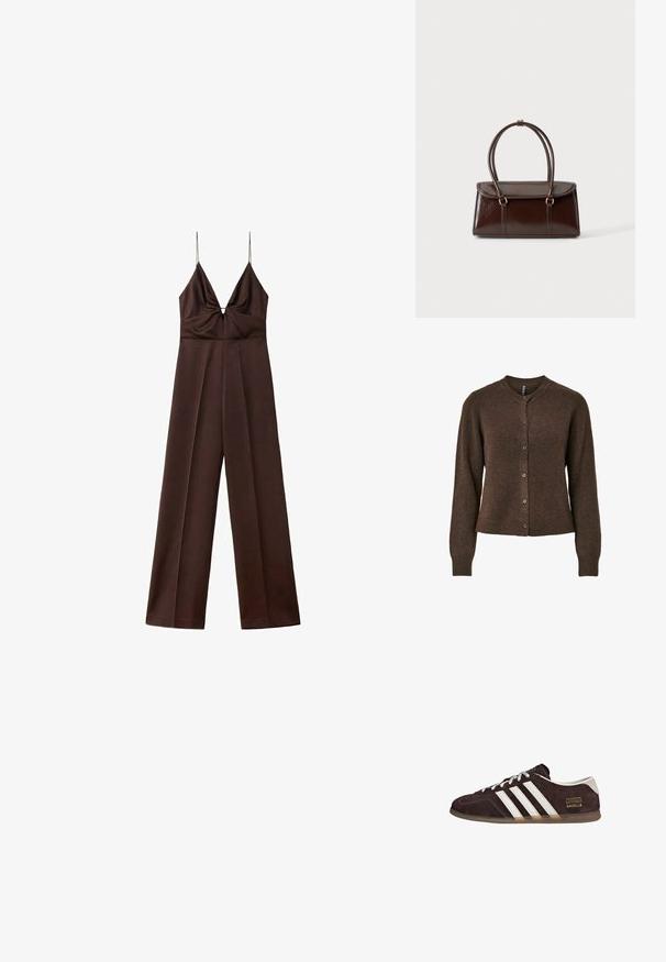 Mørkebrunt jumpsuit med vide ben, tynde spaghetti-stropper og en dyb V-halsudskæring med rynkede detaljer ved brystet.; Brun cardigan med rund hals, lange ærmer og knaplukning. Fremstillet af et blødt tekstureret materiale, med en tætsiddende silhuet.; Brune ruskindssneakers med tre hvide striber, gummisål og tekstlabel med ordene "Gazelle" i guld. Snørebåndsdesign med grå snørebånd.; Mørkebrunt blankt læderhåndtaske med en struktureret rektangulær krop og to lange, afrundede håndtag mod en ensfarvet lys baggrund.