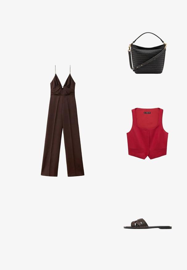 Mørkebrunt jumpsuit med vide ben, tynde spaghetti-stropper og en dyb V-halsudskæring med rynkede detaljer ved brystet.; Rød ærmeløs vest lavet af stof, med rund hals, enkelt knaplukning foran og to sidelommer.; Flad mørkebrun sandel med tre brede krydsende læderremme og en tynd sål.; Sort flettet læderhåndtaske med top håndtag og justerbar skulderrem med hardware i guldfarvet metal.