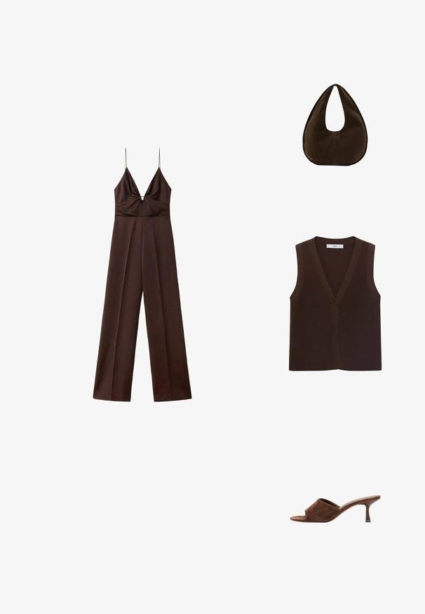 Donkerbruine jumpsuit met wijde pijpen, dunne spaghetti-bandjes en een diepe V-hals met geplooid detail bij de buste.; Bruine gebreide vest met een V-hals, voorzien van een knoopsluiting aan de voorkant en een ribbelstructuur. Zonder mouwen, minimalistisch ontwerp.; Bruine suède open-toe mule met een middelhoog, gebogen houten hak en slip-on ontwerp op een witte achtergrond.; Donkerbruine suède handtas in halve maanvorm met een enkele brede riem en een gladde textuur op een witte achtergrond.