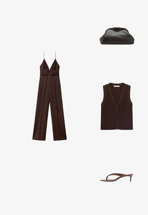 Mørkebrunt jumpsuit med vide ben, tynde spaghetti-stropper og en dyb V-halsudskæring med rynkede detaljer ved brystet.; Brun strikket vest med V-hals, der har en knappet front og en ribbet tekstur. Uden ærmer, minimalistisk design.; Brun læder thong sandal med lav kittenhæl og firkantet tå, vist i sideprofil på hvid baggrund.; Blød sort læder clutch taske med en rundet ramme og en lille lukning i toppen midt på.