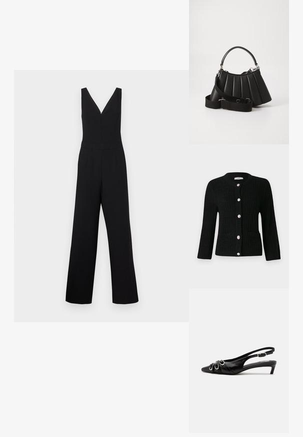 Must mustreid sügav V-kaelusega, ilma varrukateta disainiga ja laia säärte siluetiga. Omab puhtaid jooni ja varjatud lukku esiosas.; JDY JDYJANNE O NECK CARDIGAN - Kardigan - black; Mustast nahast slingback-kinga terava varbaosaga, ees kolm hõbedast pandlat ja madal kitkandi konts valgel taustal.; Mustmust kott mustris, millel on ümmargune käepide, reguleeritav rihm ja läikiv tekstuur. Omab hõbedast riistvara ja struktureeritud siluetti.