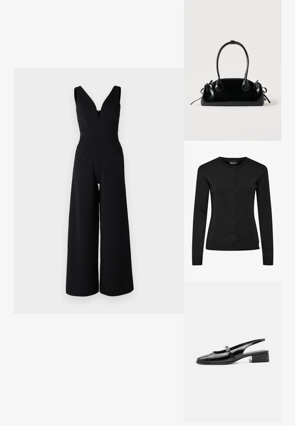 WAL G PETITE LIVA - Jumpsuit - black; Schwarze Langarm-Strickjacke aus Strickmaterial, mit Rundhalsausschnitt, Knopfverschluss und gerippten Bündchen und Saum. Keine Muster oder Akzente.; Schwarzer Slingback-Schuh aus Lackleder mit niedrigem Blockabsatz und dünnem Riemen mit silberner Schnalle oben.; Kleine schwarze glänzende Handtasche mit zwei langen Griffen und seitlichen Kordelzug-Details vor einfachem hellem Hintergrund.