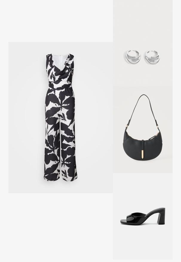 Combinaison noir et blanc avec un décolleté drapé, un corsage ajusté et un pantalon à jambes larges orné d'un motif de feuilles florales.; Mule noire en cuir verni à bout ouvert avec une large bride et un talon bloc mi-haut massif sur fond blanc.; Sac à main noir en forme de croissant avec une bandoulière unique, une fermeture éclair dorée et une languette décorative rectangulaire dorée à l'avant.; Paire de boucles d'oreilles anneaux en argent poli avec un design de barre incurvée superposée sur un fond clair uni.