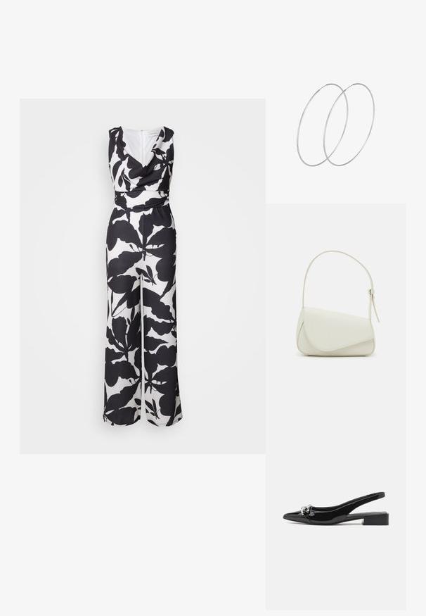 Zwart-wit jumpsuit met een gedrapeerde halslijn, aangesloten lijfje en wijde broekspijpen met een bloemenbladpatroon.; Zwarte slingback schoen van lakleer met een spits toelopende neus, lage blokhak en zilverkleurige hardware aan de voorkant.; Witte nepleren handtas met een gestructureerde driehoekige vorm, een enkele verstelbare schouderriem en een klep met ronde accenten.; Zilveren hoepel oorbellen met een minimalistisch ontwerp. Cirkelvormig, gladde textuur en dun profiel. Lichtgewicht met een gepolijste afwerking.