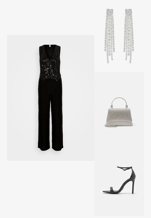 ONLY ONLLUCY VEST - Overal - black; Čierne sandále na vysokom podpätku s otvorenou špičkou, tenkými remienkami a prackou na členku. Hladká kožená textúra s dizajnom so špicatou špičkou.; ALDO FELISIA - Kabelka - silver-coloured; Dlhé strieborné náušnice s množstvom priehľadných, fasetovaných kryštálov v kaskádových pramienkoch rôznych dĺžok a tvarov.