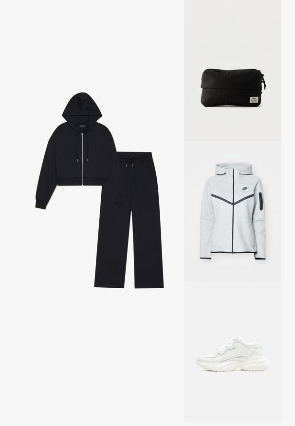 Sort cropped hoodie med lynlås, justerbare snore og matchende vide bukser. Blødt stof med ribbede manchetter og taljebånd.; Grå lynlås-hoodie med hætte og sorte accenter, der har et diagonalt design på forsiden, Nike-logo og en lynlåslomme på ærmet.; Hvid chunky sneaker med tyk sål, snørelukning foran og glat syntetisk overdel med subtile syningsdetaljer.; Sort rektangulær lynlåspung med et stoflogo-mærke med teksten "Mads Nørgaard Copenhagen" i nederste højre hjørne.