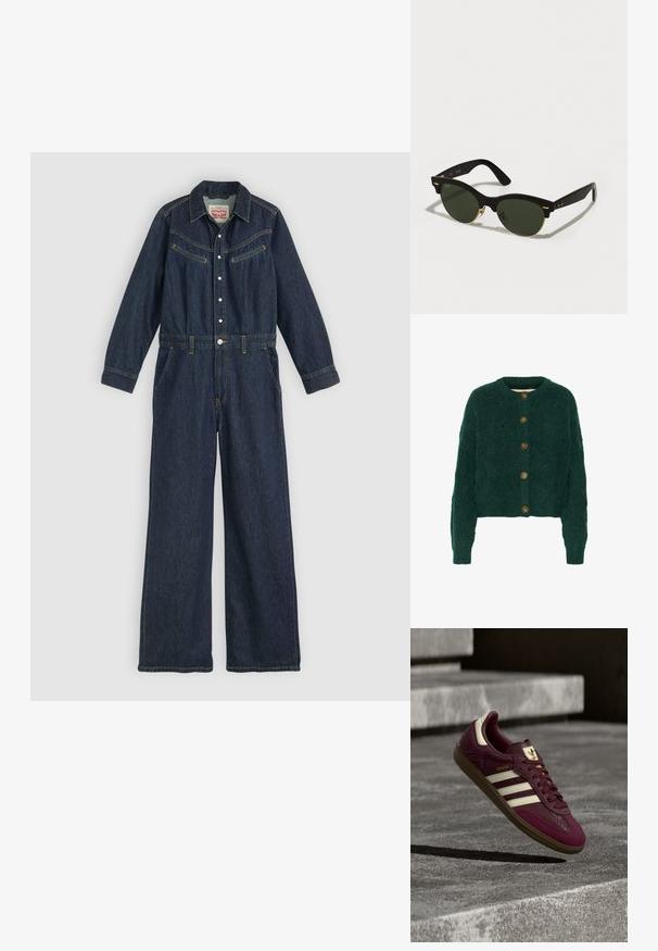 Denim overall i mørkeblåt, med lange ærmer, knaplukning foran, to brystlommer og vide ben med bælte i taljen. Syede detaljer i gult.; Grøn strikket cardigan med et struktureret mønster, rund halsudskæring og fem brune knapper foran. Korte ærmer, ribbede manchetter.; Bourgognefarvet sneaker med tekstureret læder, tre hvide striber og gyldne detaljer. Gummisål, klassisk Samba-design og åndbare mesh-detaljer.; Sorte solbriller med grønne linser, rund form, guld accenter og tykke matte sorte stel. Har buede arme og subtil branding.