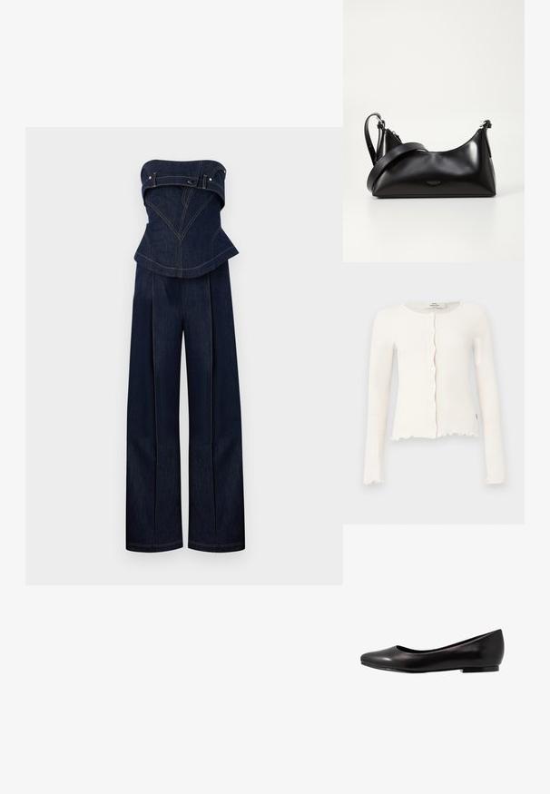Mørkeblå denim stropløs jumpsuit med struktureret top og vidde bukser, med kontrastsyninger og bælte-detaljer ved brystet.; Hvid ribstrikket cardigan med lange ærmer, bølgede kanter og knapper foran, vist mod en ensfarvet lys baggrund.; Sort ballette sko lavet af glat læder med rund tå og lav, flad sål. Har en glat overflade med et enkelt og strømlinet design.; Sort læderhåndtaske med en glat tekstur. Har en justerbar stropp og et enkelt, minimalistisk design med lynlås.