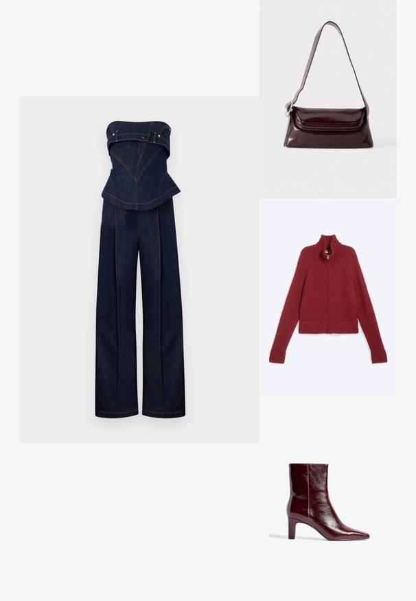 Mørkeblå denim stropløs jumpsuit med struktureret top og vidde bukser, med kontrastsyninger og bælte-detaljer ved brystet.; Rød strikket lynlåstrøje med lange ærmer og høj ribkrave, lagt fladt på en hvid baggrund.; Burgundy læder ankelstøvle med spids tå, slankt design og en mellemstor blokhæl. Glat tekstur og minimal sømdetaljering.; Mørk bordeaux skuldertaske i læder med klaplukning og en tynd justerbar rem, vist på en ensfarvet lys baggrund.
