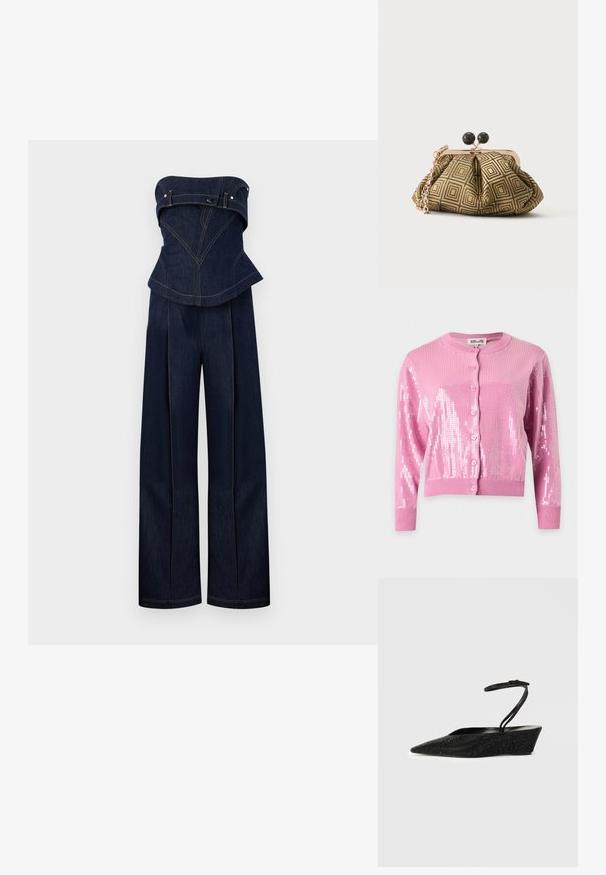 Combinaison en denim bleu foncé sans bretelles avec haut structuré et pantalon à jambes larges, avec coutures contrastées et détails de ceinture au niveau de la poitrine.; Cardigan rose à manches longues avec boutons, poignets et ourlet côtelés, décoré de sequins brillants sur les manches et le devant.; Chaussure à talon noir avec un bout pointu, une tige texturée et une bride de cheville. Présente un léger scintillement avec une doublure intérieure lisse.; Petite pochette avec motif géométrique doré et noir, cadre en métal doré, fermeture à boule noire et une courte chaîne dorée.
