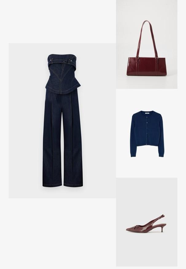 Mørkeblå denim stropløs jumpsuit med struktureret top og vidde bukser, med kontrastsyninger og bælte-detaljer ved brystet.; Navyblå strikket cardigan med lange ærmer, rund halsudskæring og seks-knaps lukning foran. Har ribbede manchetter og nederste kant.; Bordeaux læder slingback hæl med spidse tå, justerbar rem og dekorativ sløjfedetalje foran. 7,5 cm hælhøjde.; Bordeaux håndtaske lavet af glansfuldt materiale, rektangulær form, med to skulderremme og subtile buede detaljer på forsiden.