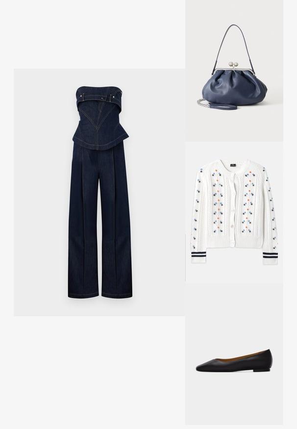 Donkerblauwe denim strapless jumpsuit met gestructureerde top en wijde broekspijpen, met contrasterende stiknaden en riemdetails op de borst.; Witte gebreide cardigan met veelkleurige bloemen borduursels, voorzien van een geribbelde zoom en manchetten met navy strepen en knoopsluiting.; Zwarte leren puntschoen met lage hak en gladde afwerking, zijaanzicht op een lichtgrijze achtergrond.; Zachte navyblauwe leren handtas met zilveren sluiting, enkele schouderband en afneembare ketting polsband op witte achtergrond.