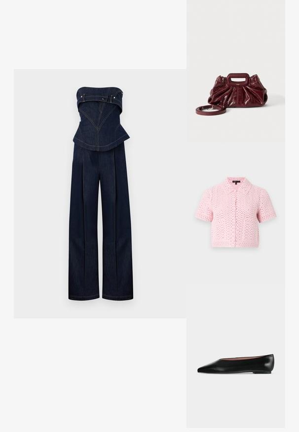 Combinaison en denim bleu foncé sans bretelles avec haut structuré et pantalon à jambes larges, avec coutures contrastées et détails de ceinture au niveau de la poitrine.; Cardigan rose à manches courtes en crochet avec col, boutons sur le devant et deux poches avant, présenté sur un fond gris clair.; Chaussure plate en cuir noir pour femme, avec bout pointu et petit talon, vue de côté sur un fond gris clair uni.; Petit sac à main en cuir rouge foncé avec texture froncée, poignée rectangulaire découpée pour la main et bandoulière détachable sur fond blanc.