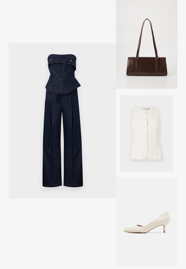 Donkerblauwe denim strapless jumpsuit met gestructureerde top en wijde broekspijpen, met contrasterende stiknaden en riemdetails op de borst.; Mouwloze witte blouse met knopen, ronde halslijn en aansluitende taille details, gelabeld "Anna Field."; Beige lage hakpump met een spitse neus en een gladde, glanzende bovenkant. Bevat een subtiele uitsparing langs de voetboog en een slanke, taps toelopende hak.; Bruine lakleren handtas met een rechthoekige vorm, twee lange handvatten en subtiele gebogen accenten aan de voorkant.