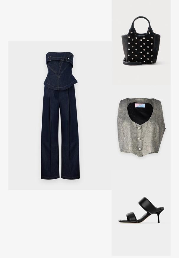 Donkerblauwe denim strapless jumpsuit met gestructureerde top en wijde broekspijpen, met contrasterende stiknaden en riemdetails op de borst.; Mouwloos vest van grijs visgraatweefsel, met een diepe V-hals, drie decoratieve knopen en een gladde zwarte voering met een subtiel patroon.; Zwarte leren mule sandaal met twee brede banden en een slanke, middelhoog stilettohak op een effen lichte achtergrond.; Zwarte suède handtas met ronde zilveren studs, twee korte handvatten en een afneembare schouderriem op een witte achtergrond.