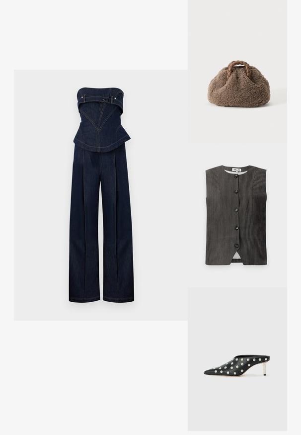 Mørkeblå denim stropløs jumpsuit med struktureret top og vidde bukser, med kontrastsyninger og bælte-detaljer ved brystet.; Mørk ærmeløs vest med lodrette striber, der har fem frontknapper, rund halsudskæring samt et glat stof med en subtil glans.; STAND STUDIO KELSEY - Mules med hæl - black; Lille brun, fluffy håndtaske med flettede læderhåndtag på en ensfarvet lys baggrund.