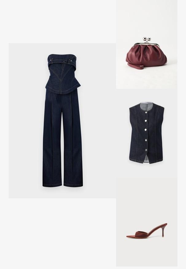 Dunkelblauer Denim-Trägerloser Jumpsuit mit strukturiertem Oberteil und weitem Bein, mit kontrastierenden Nähten und Gürteldetails an der Brust.; Dunkelblaues, ärmelloses Denim-Weste mit runder Ausschnitt und fünf metallischen Knöpfen auf der Vorderseite, die ein hellgraues Innenfutter am Kragen zeigen.; Braune offene Sandale mit hohem Absatz, spitzer Vorderseite und dünnem Stilettabsatz.; Kleine burgunderrote Lederclutch mit silbernem Metallverschluss und Handgelenksriemen auf weißem Hintergrund.