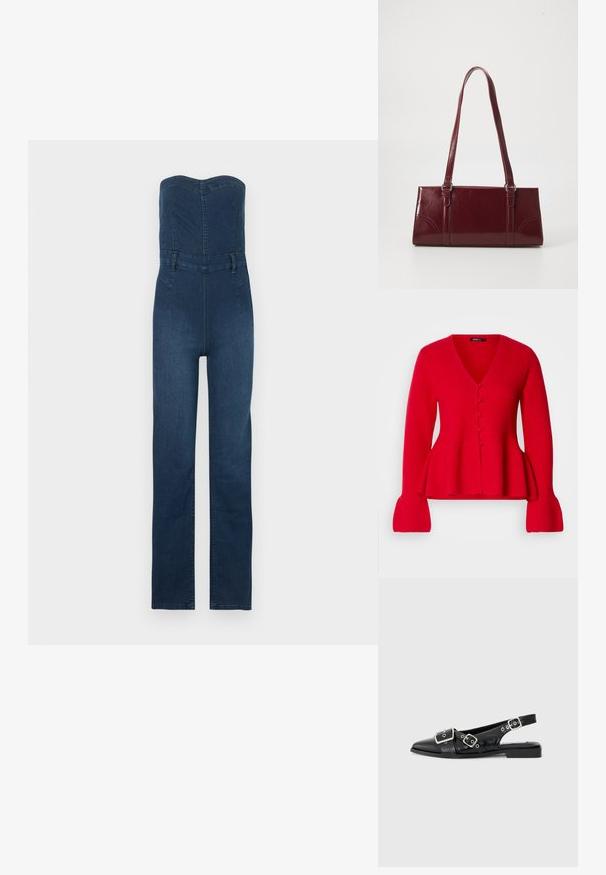 Donkerblauwe denim jumpsuit met een strapless ontwerp, nauwsluitend lijfje, recht gesneden broekspijpen en zichtbare stikselaccenten.; Rode gebreide cardigan met V-hals, knoopsluiting en peplumzoom. Heeft geribde mouwen en een zachte textuur.; Zwart leren slingback schoen met een spitse neus, twee zilveren gespen en een lage blokhak. Bevat een gemêleerde bovenkant en een open achterkant.; Bourgondische handtas van glanzend materiaal, rechthoekige vorm, met twee schouderbanden en subtiele gebogen accenten aan de voorkant.