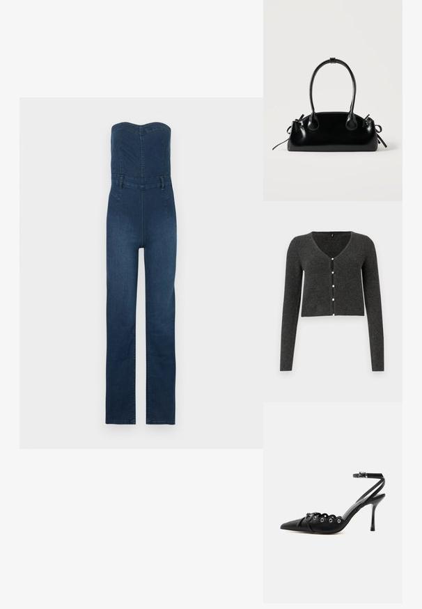 Dunkelblauer Denim-Jumpsuit mit trägerlosem Design, tailliertem Oberteil, geraden Hosenbeinen und sichtbaren Nahtakzenten.; Dunkelgraue gerippte Strickjacke mit langen Ärmeln, V-Ausschnitt und sechs dekorativen Perlenknöpfen auf der Vorderseite. Kürzere Länge.; Schwarzer, spitzer High-Heel-Schuh mit geschwungenen Kanten, Metallösen, Schnürung vorne und Knöchelriemen mit Schnallverschluss.; Kleine schwarze glänzende Handtasche mit zwei langen Griffen und seitlichen Kordelzug-Details vor einfachem hellem Hintergrund.