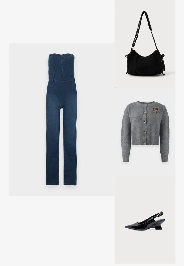 Mono de mezclilla azul oscuro con diseño sin tirantes, corsé ajustado, pantalones de pierna recta y detalles de costuras visibles.; Cardigan gris de punto con cuello redondo, dobladillo acanalado, cinco botones y un detalle de oso bordado en el lado izquierdo.; Zapato slingback de cuero charol negro con puntera puntiaguda y tacón bajo en bloque inclinado sobre fondo claro liso.; Bolso de hombro de pana negra con forma curva, correa ajustable y cierres de cordón en ambos lados para ajustar el tamaño.