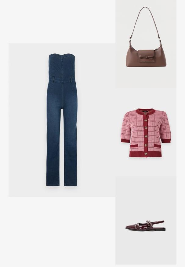 Dunkelblauer Denim-Jumpsuit mit trägerlosem Design, tailliertem Oberteil, geraden Hosenbeinen und sichtbaren Nahtakzenten.; Rosa und burgunderfarbener Strickcardigan mit kurzen Ärmeln, großen Knöpfen entlang der Vorderseite, karierter Musterung und zwei vorderen Taschen.; Bordeauxfarbene Lackleder Slingback-Ballerina mit spitzer Zehenpartie, ausgestattet mit dekorativen Riemen in metallischen Akzenten.; Braune Leder-Umhängetasche mit einer vorderen Klappentasche, die ein gestepptes Schleifendetail und einen verstellbaren Riemen aufweist.