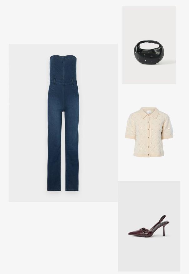 Donkerblauwe denim jumpsuit met een strapless ontwerp, nauwsluitend lijfje, recht gesneden broekspijpen en zichtbare stikselaccenten.; Beige gebreid vest met korte mouwen, kraag, decoratieve pailletten en knoopsluiting aan de voorkant. Geribbelde manchetten en zoomdetail.; Bordeauxrode lakleren slingback met puntige neus, dunne enkelband en kleine decoratieve gespsluiting. Gladde textuur en hoge hak.; Zwarte leren handtas met een afgeronde vorm, versierd met zilveren studs, en een korte handgreep. Gladde textuur en ritsluiting.