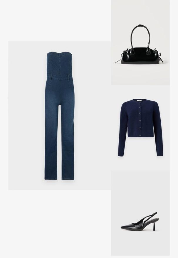 Combinaison en jean bleu foncé avec un design sans bretelles, un corsage ajusté, un pantalon droit et des accents de coutures apparentes.; JDY JDYCHLOE LIFE CARDIGAN - Gilet - night sky; Chaussure à talon haut en cuir noir, à bride arrière, avec un bout pointu et un talon fin sur fond blanc.; Petit sac à main noir brillant avec deux longues anses et des détails à cordon sur les côtés sur un fond clair uni.