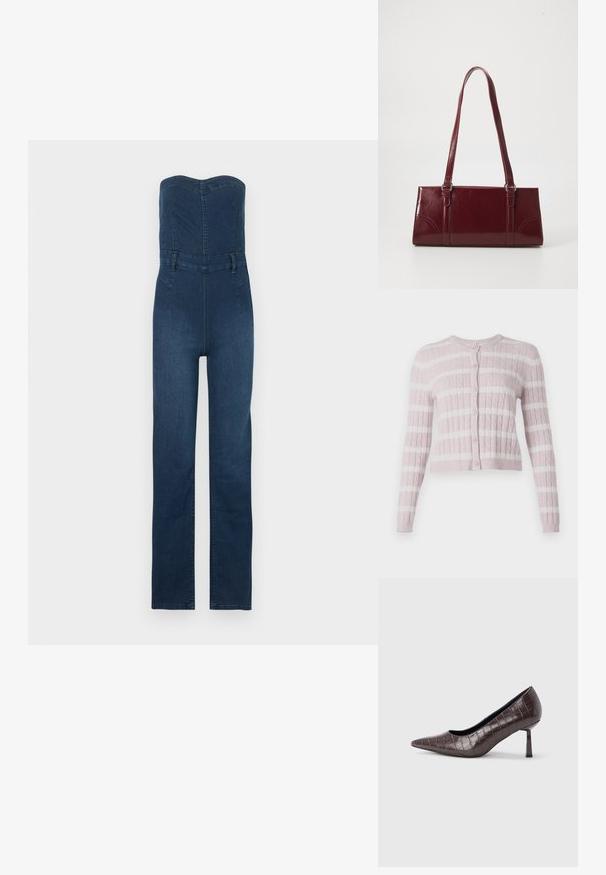 Donkerblauwe denim jumpsuit met een strapless ontwerp, nauwsluitend lijfje, recht gesneden broekspijpen en zichtbare stikselaccenten.; Lichtroze kabelgebreide cardigan met witte horizontale strepen, knoopsluiting aan de voorkant, ronde halslijn en lange mouwen.; Bruine nepleren pumps met een puntige neus en krokodillenstructuur, voorzien van een slanke, hoekige hak en een gladde binnenvoering.; Bourgondische handtas van glanzend materiaal, rechthoekige vorm, met twee schouderbanden en subtiele gebogen accenten aan de voorkant.