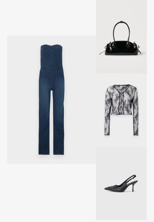 Mørkeblå denimdragt med stropløs design, tætsiddende overdel, bukser med lige ben og synlige syningsdetaljer.; Gennemsigtig sort blonde top med lange ærmer, blomstermønster, cropped design, V-udskæring og knaplukning foran. Blød tekstur.; Sorte læder slingback stiletto med spids tå, side spændebånd, nitter langs kanten og dekorativ snøring foran.; Lille sort blank håndtaske med to lange håndtag og snøre-detaljer i siden på en ensfarvet lys baggrund.